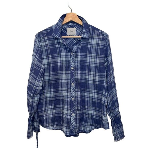 rails sky blue linen blend plaid button down top flowy frayed hem sleeve size XS - Picture 2 of 10